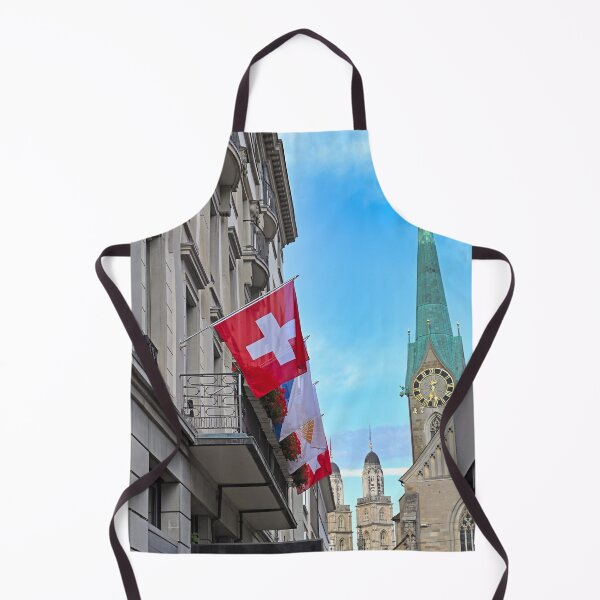 Item preview, A building with a Swiss flag and Grossmunster and Fraumunster church clock towers in the background, Zurich, Switzerland designed and sold by goceris.