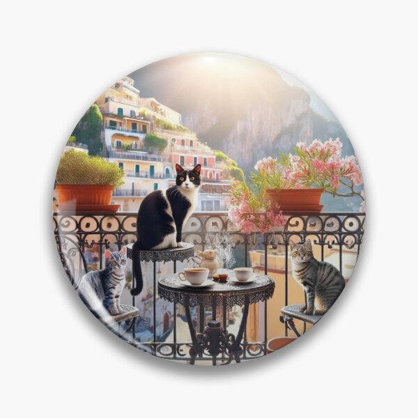 Item preview, Sunlit Amalfi Balcony Cats Italian Coast Painting designed and sold by UmSkelig834.