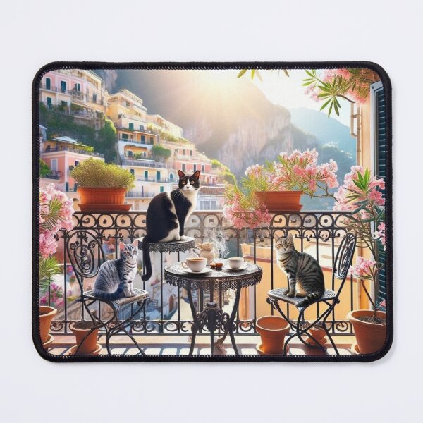 Item preview, Sunlit Amalfi Balcony Cats Italian Coast Painting designed and sold by UmSkelig834.