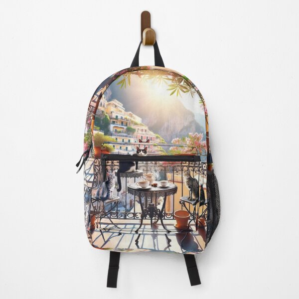 Item preview, Sunlit Amalfi Balcony Cats Italian Coast Painting designed and sold by UmSkelig834.