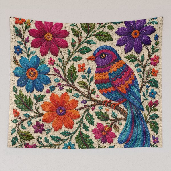 Item preview, Traditional Mexican Folk Bird Embroidery | Colorful Floral Textile Art designed and sold by BrainCurves.