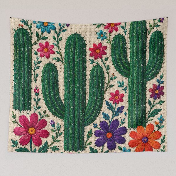Item preview, Traditional Mexican Cactus Embroidery | Colorful Folk Floral Textile Art designed and sold by BrainCurves.