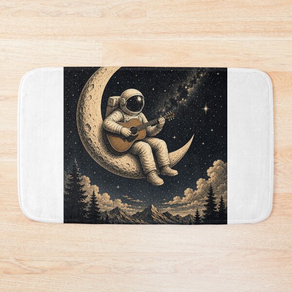 Artikelvorschau, Astronaut spielt Gitarre auf Sichelmond – Vintage-Weltraumkunst – Kosmische Musikillustration, himmlische Wanddekoration, verträumtes Galaxien-Design entworfen und verkauft von GrzywaM.