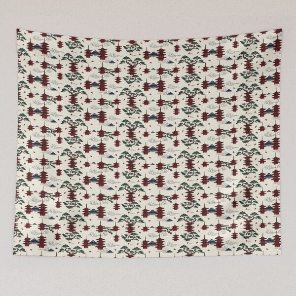 Item preview, Japanese Pagoda and Mt Fuji Pattern - Traditional Asian Art Print designed and sold by ArtfulAlchemy1.