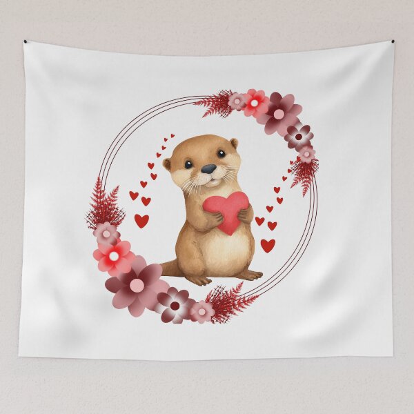 Item preview, Cute Otter with Red Heart and Floral Wreath designed and sold by DidiDesignShop.