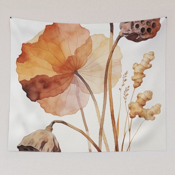 Item preview, Earthy Dried Lotus Pods and Wild Ginger Watercolor - Luxury Japandi Botanical Wall Art designed and sold by sana designer.