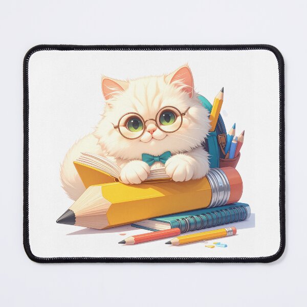 Item preview, White Cat with Green Eyes Sitting on a Giant Pencil and Smiling designed and sold by OksArtStudio.