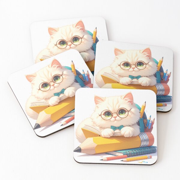Item preview, White Cat with Green Eyes Sitting on a Giant Pencil and Smiling designed and sold by OksArtStudio.