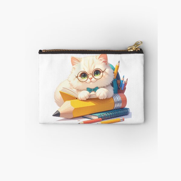 Item preview, White Cat with Green Eyes Sitting on a Giant Pencil and Smiling designed and sold by OksArtStudio.