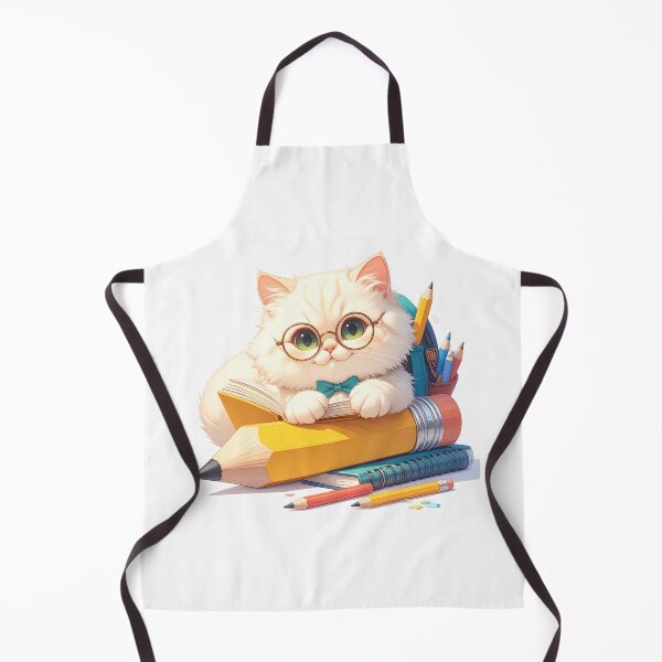 Item preview, White Cat with Green Eyes Sitting on a Giant Pencil and Smiling designed and sold by OksArtStudio.
