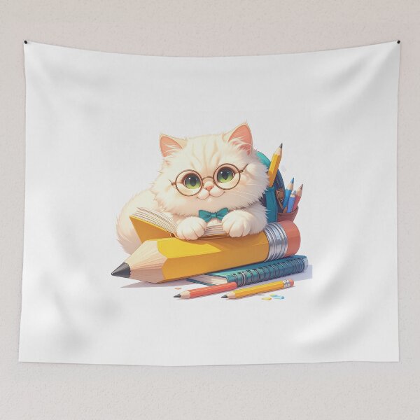 Item preview, White Cat with Green Eyes Sitting on a Giant Pencil and Smiling designed and sold by OksArtStudio.