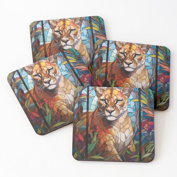 Item preview, Puma Stained Glass Portrait Surrounded by Tropical Flowers designed and sold by pinkal.