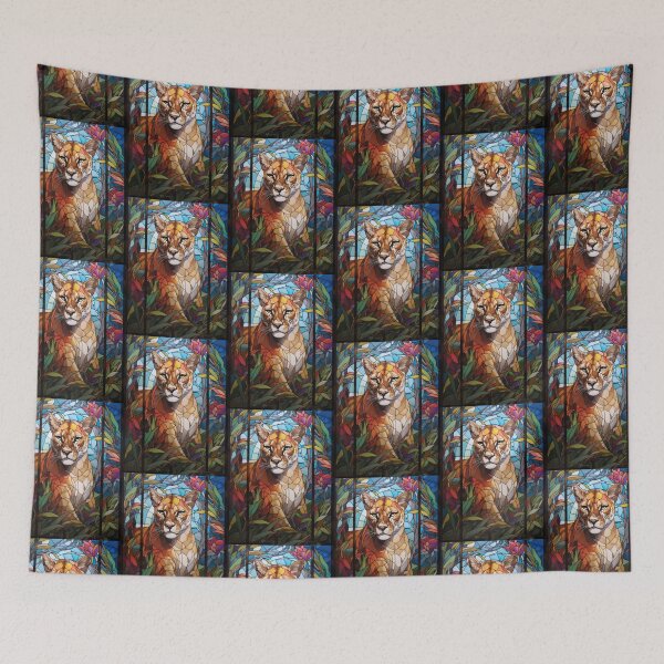Item preview, Puma Stained Glass Portrait Surrounded by Tropical Flowers designed and sold by pinkal.
