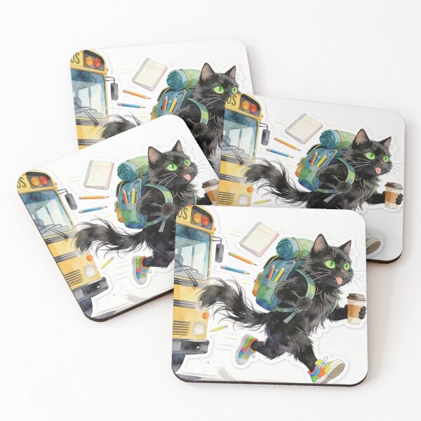 Item preview, Black Cat with Green Eyes Running to School with Coffee designed and sold by OksArtStudio.