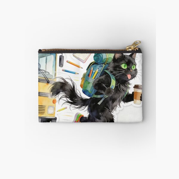 Item preview, Black Cat with Green Eyes Running to School with Coffee designed and sold by OksArtStudio.