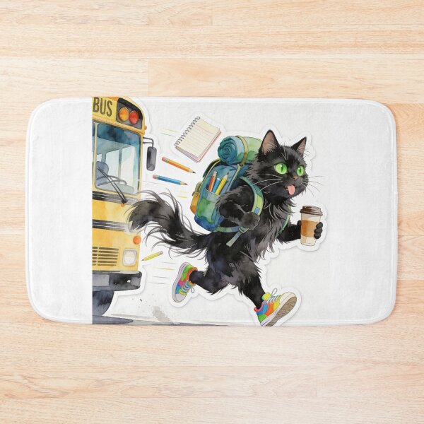 Item preview, Black Cat with Green Eyes Running to School with Coffee designed and sold by OksArtStudio.