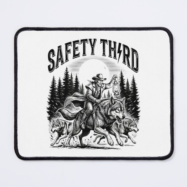 Item preview, Safety Third - Cowboy Riding Wolf Pack Night Wilderness Humor designed and sold by BumbleBloom7.