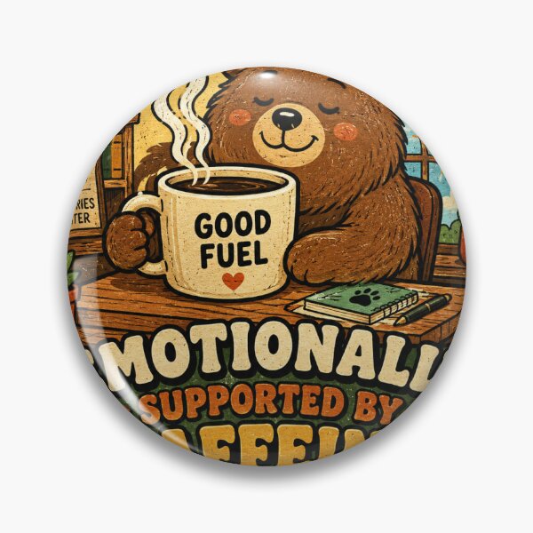 Item preview, Emotionally Supported by Caffeine Bear Funny Vintage Badge Sticker designed and sold by RedRubyBubble.