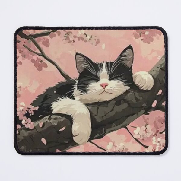 Item preview, Sleeping Black and White Cat on Cherry Blossom Tree designed and sold by A touch of creativity.