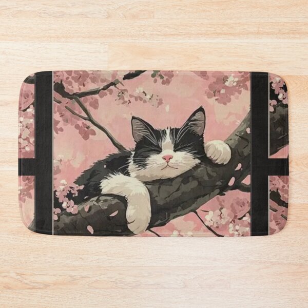 Item preview, Sleeping Black and White Cat on Cherry Blossom Tree designed and sold by A touch of creativity.