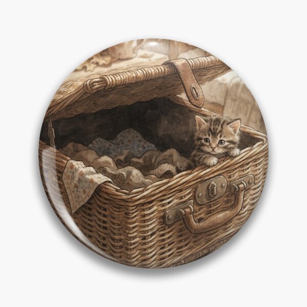 Item preview, Tiny Kitten Peeking from a Giant Vintage Picnic Basket Miniature Illustration designed and sold by DuckOddity.