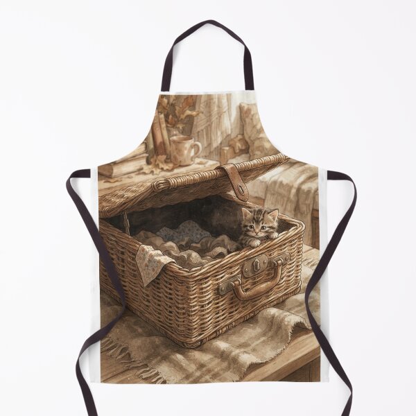 Item preview, Tiny Kitten Peeking from a Giant Vintage Picnic Basket Miniature Illustration designed and sold by DuckOddity.