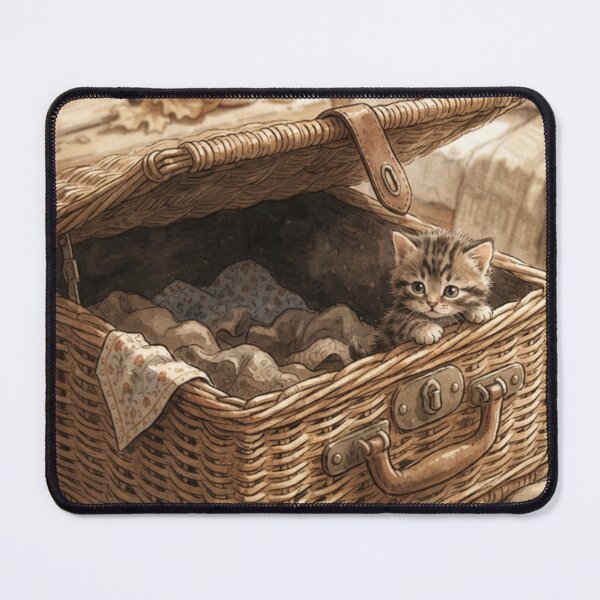 Item preview, Tiny Kitten Peeking from a Giant Vintage Picnic Basket Miniature Illustration designed and sold by DuckOddity.