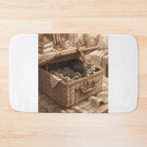 Item preview, Tiny Kitten Peeking from a Giant Vintage Picnic Basket Miniature Illustration designed and sold by DuckOddity.