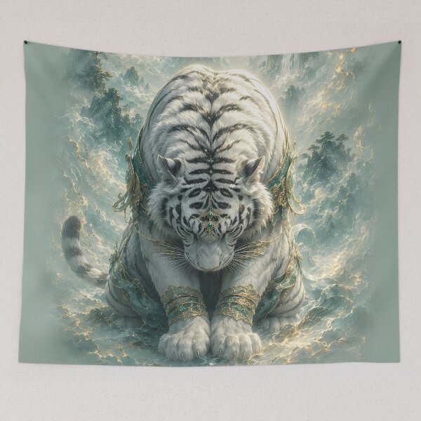 Item preview, Majestic Kneeling White Tiger | Fantasy Wildlife Art designed and sold by ManJiangHong.