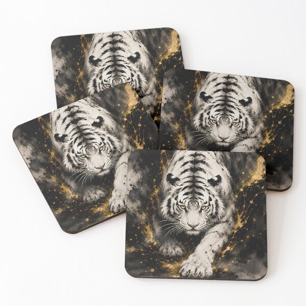 Item preview, Majestic White Tiger in Black and Gold | Luxury Ink Wildlife Art designed and sold by ManJiangHong.