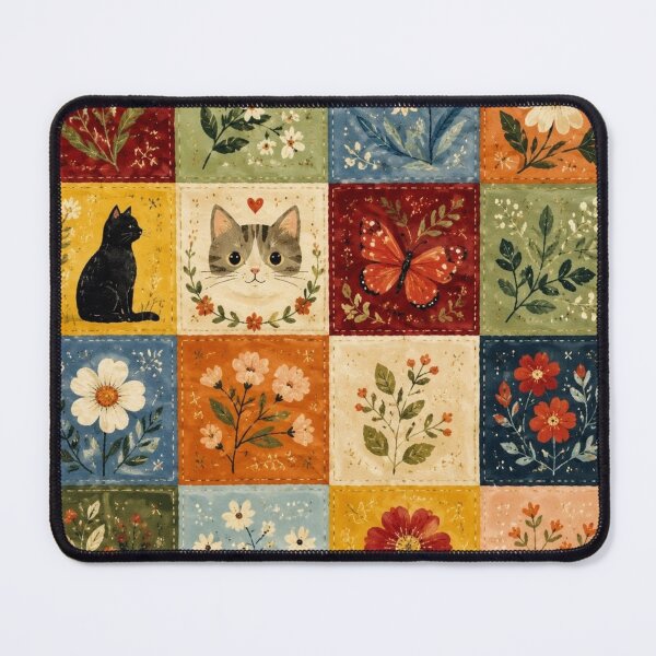 Item preview, Patchwork Flowers and Cats - Vintage Cottagecore Quilt designed and sold by Natalia-Vlad.