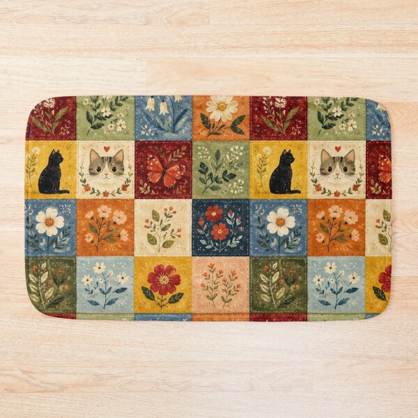 Item preview, Patchwork Flowers and Cats - Vintage Cottagecore Quilt designed and sold by Natalia-Vlad.