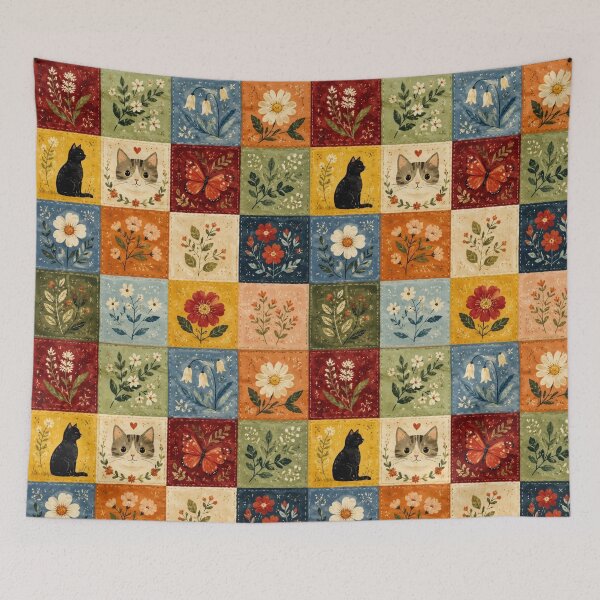 Item preview, Patchwork Flowers and Cats - Vintage Cottagecore Quilt designed and sold by Natalia-Vlad.