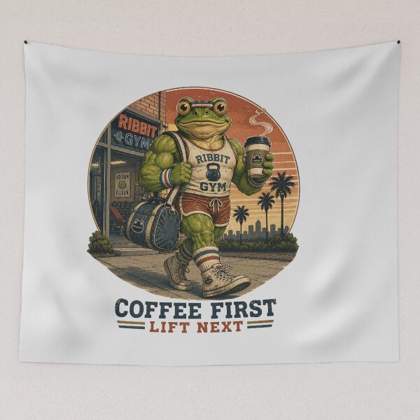 Item preview, Gym Frog Coffee First Lift Next Vintage 80s Workout designed and sold by MythicCotton.