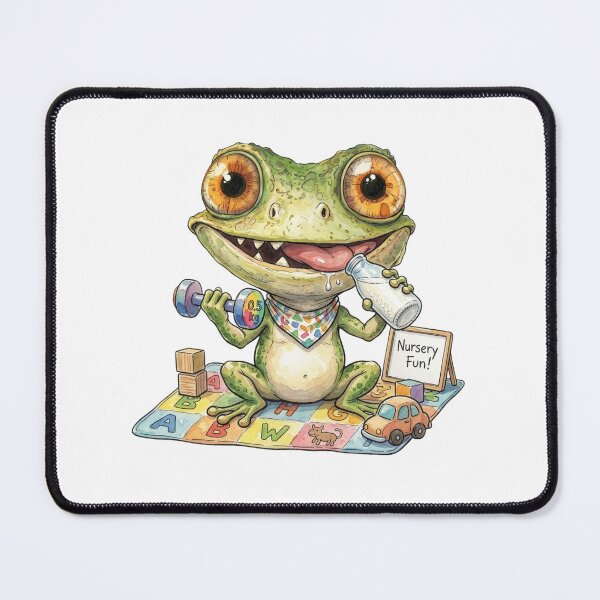 Item preview, Funny Gym Frog Cartoon Character – Cute Baby Frog Drinking Milk & Lifting Weights Illustration designed and sold by Dinaelsherkawy.