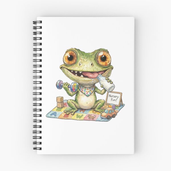 Item preview, Funny Gym Frog Cartoon Character – Cute Baby Frog Drinking Milk & Lifting Weights Illustration designed and sold by Dinaelsherkawy.