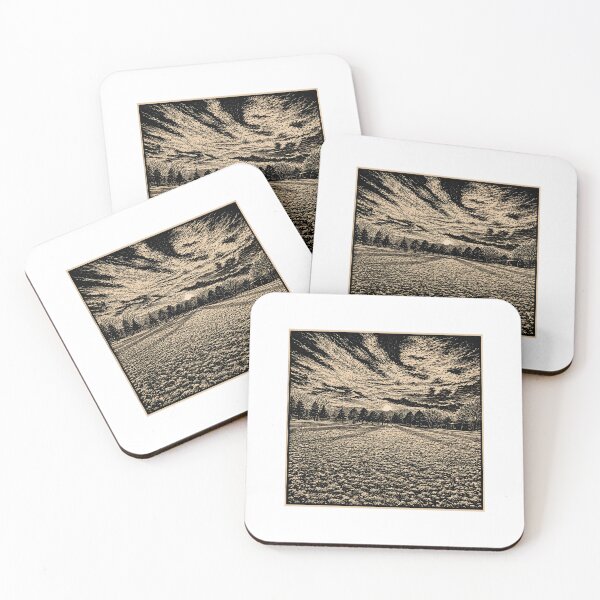 Item preview, Sunset Over an Open Field | Landscape Linocut Sticker & Postcard designed and sold by Linoluca.