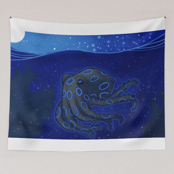 Item preview, Glowing Blue Ringed Octopus Swimming Deep Ocean Under Full Moon designed and sold by Wildw0od.