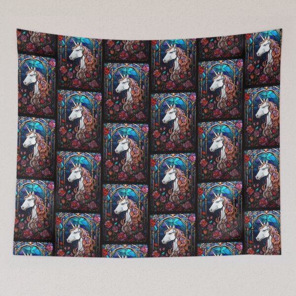 Item preview, Unicorn Stained Glass Art with Magical Roses designed and sold by pinkal.