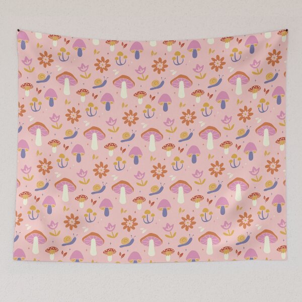Item preview, Retro Mushroom Snail Pattern, Pink Groovy Floral Repeat Print designed and sold by poppet103.