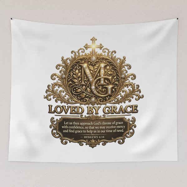 Item preview, Loved By Grace | Ornate MG Monogram with Hebrews 4:16, IS A Christian Design designed and sold by KINGDOM GOLD STUDIO.