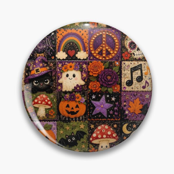 Item preview, Kawaii Halloween Patchwork - Witch Cat, Flower Skull and Magic Pumpkins designed and sold by Natalia-Vlad.