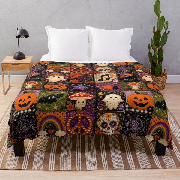 Item preview, Kawaii Halloween Patchwork - Witch Cat, Flower Skull and Magic Pumpkins designed and sold by Natalia-Vlad.