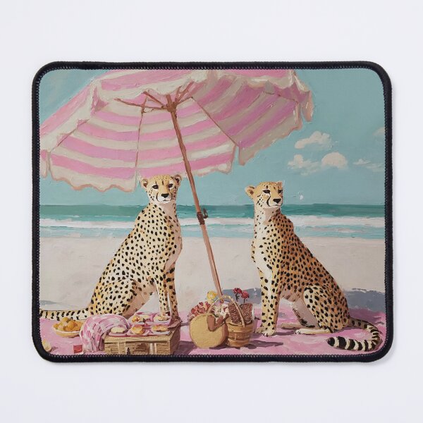 Item preview, Grandmillennial art, two cheetahs having a picnic on a beach designed and sold by SophieClimaArt.