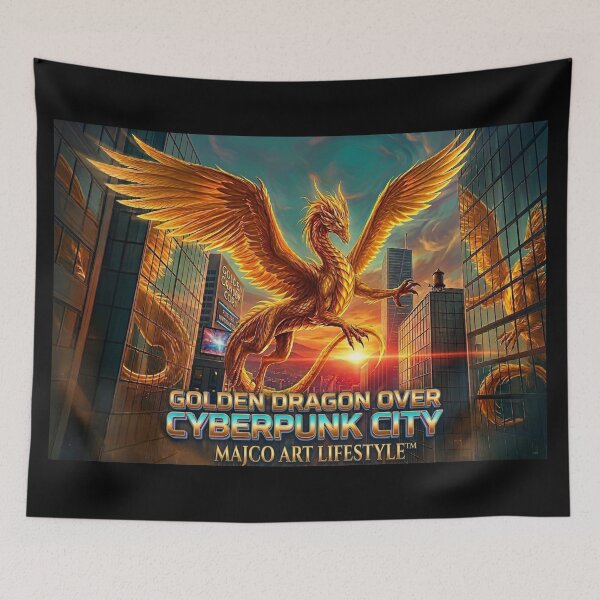 Item preview, Golden Dragon Over Cyberpunk City Metropolis designed and sold by MAJCO-ART.