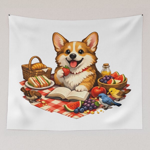 Item preview, Happy Corgi Picnic with Birds & Open Book Premium Illustration designed and sold by builtforyou.