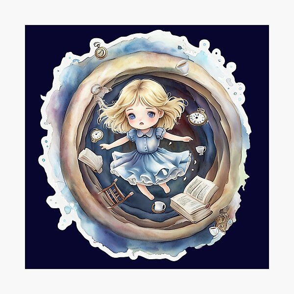 Item preview, Chibi Alice Falling Down the Rabbit Hole Watercolor designed and sold by ArtisticDesignsbyLinda.