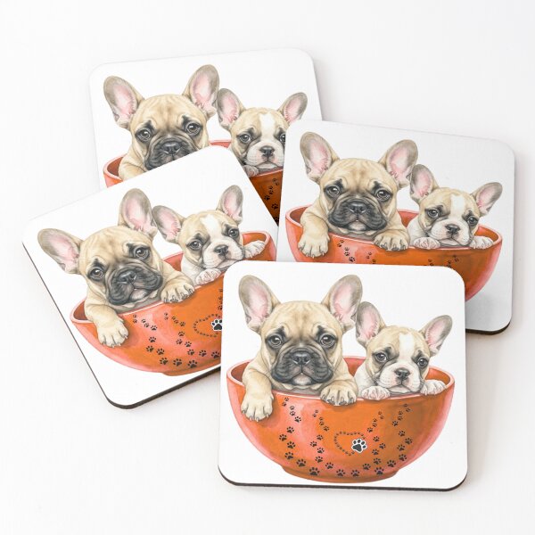 Item preview, Two Cute French Bulldog Puppies in an Orange Paw-Print Heart Bowl designed and sold by VibranPalette.