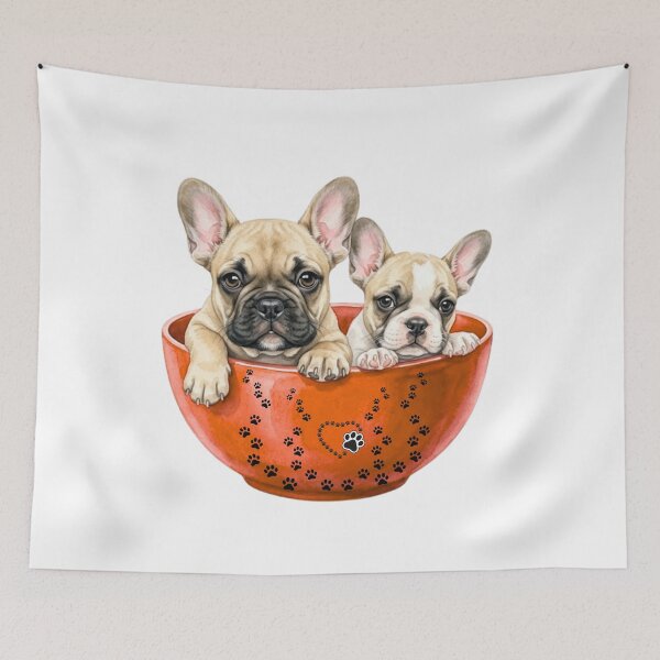Item preview, Two Cute French Bulldog Puppies in an Orange Paw-Print Heart Bowl designed and sold by VibranPalette.