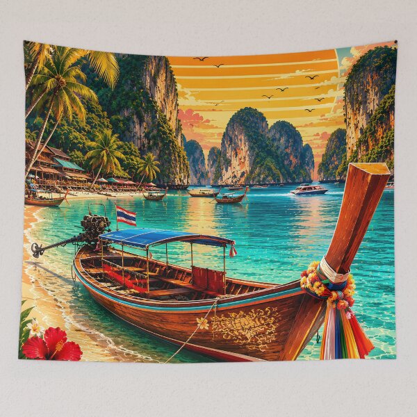 Item preview, Phi Phi Island Longtail Paradise – Vintage Thailand Travel Poster designed and sold by Spirit of Siam.